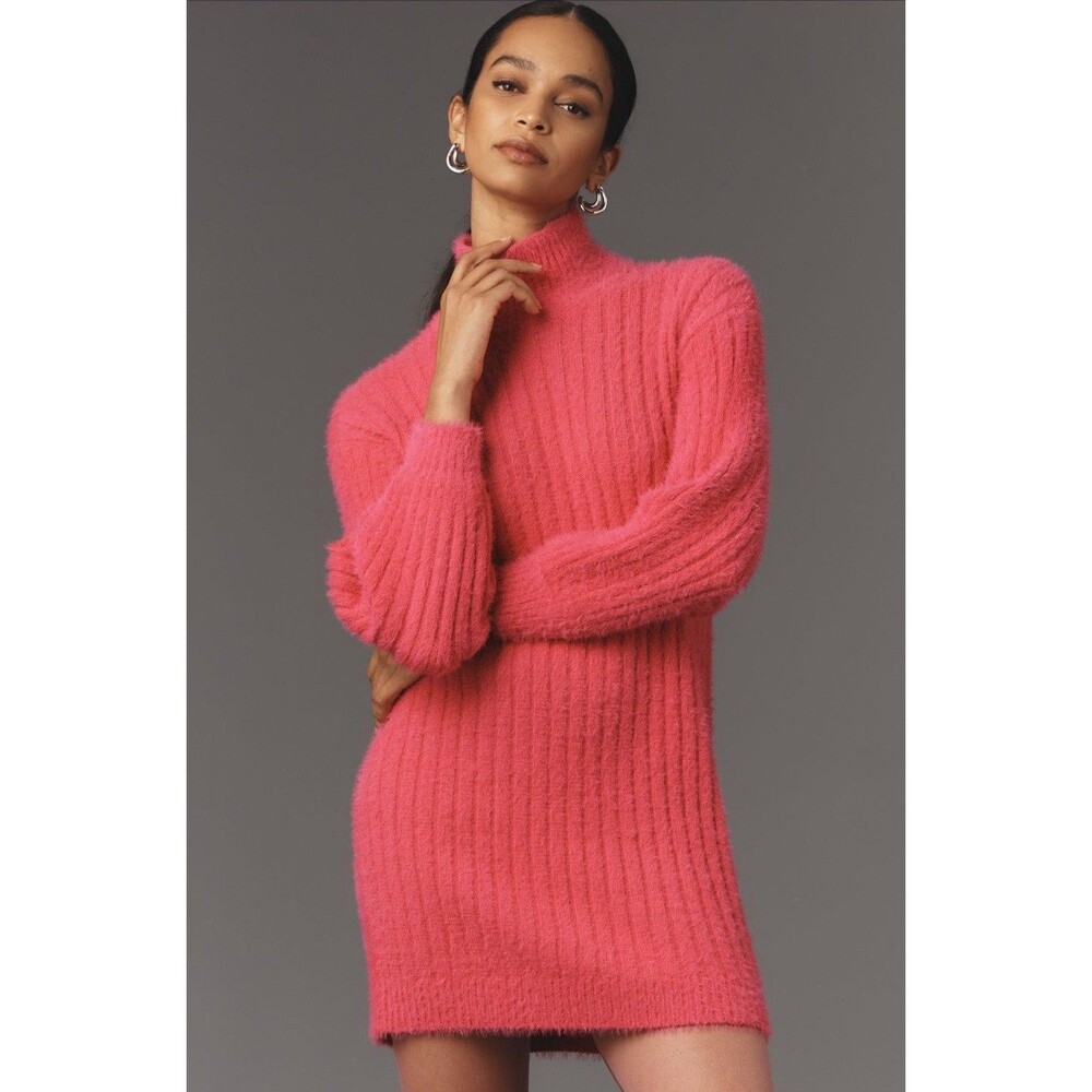 Anthropologie Flat White Sweater Dress Pink Turtleneck Comfy Preppy Size XL NWT